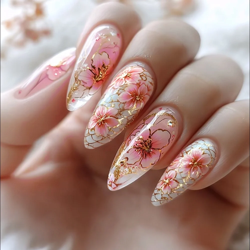 24pcs flower design full cover false nails tips almond with pink Smudge press on nails art wearable glitter stripe long fake nai
24pcs flower design full cover false nails tips almond with pink Smudge press on nails art wearable glitter stripe long fake nai