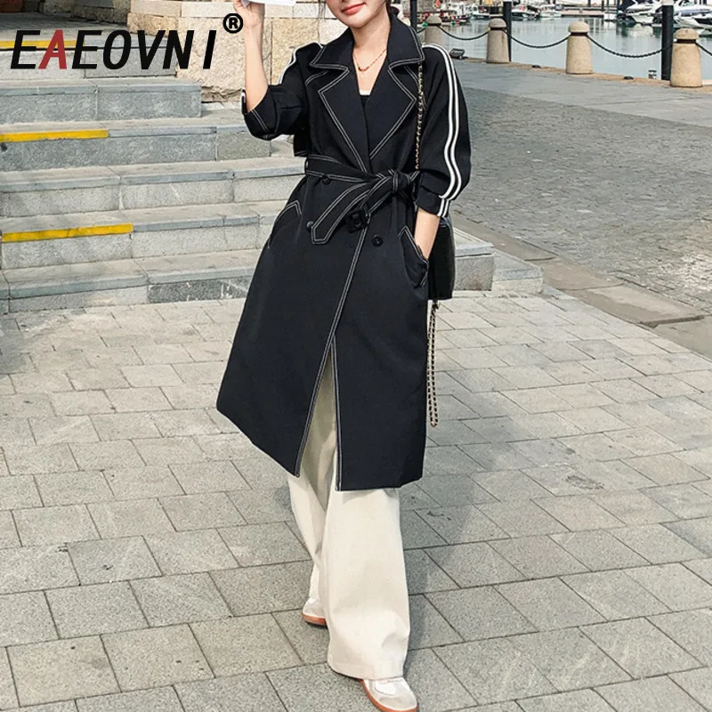 EAEOVNI 2025 Temperament Women Long Coat Striped Contrast Color Belt Double Button Windbreaker Fashion New Clothing
EAEOVNI 2025 Temperament Women Long Coat Striped Contrast Color Belt Double Button Windbreaker Fashion New Clothing