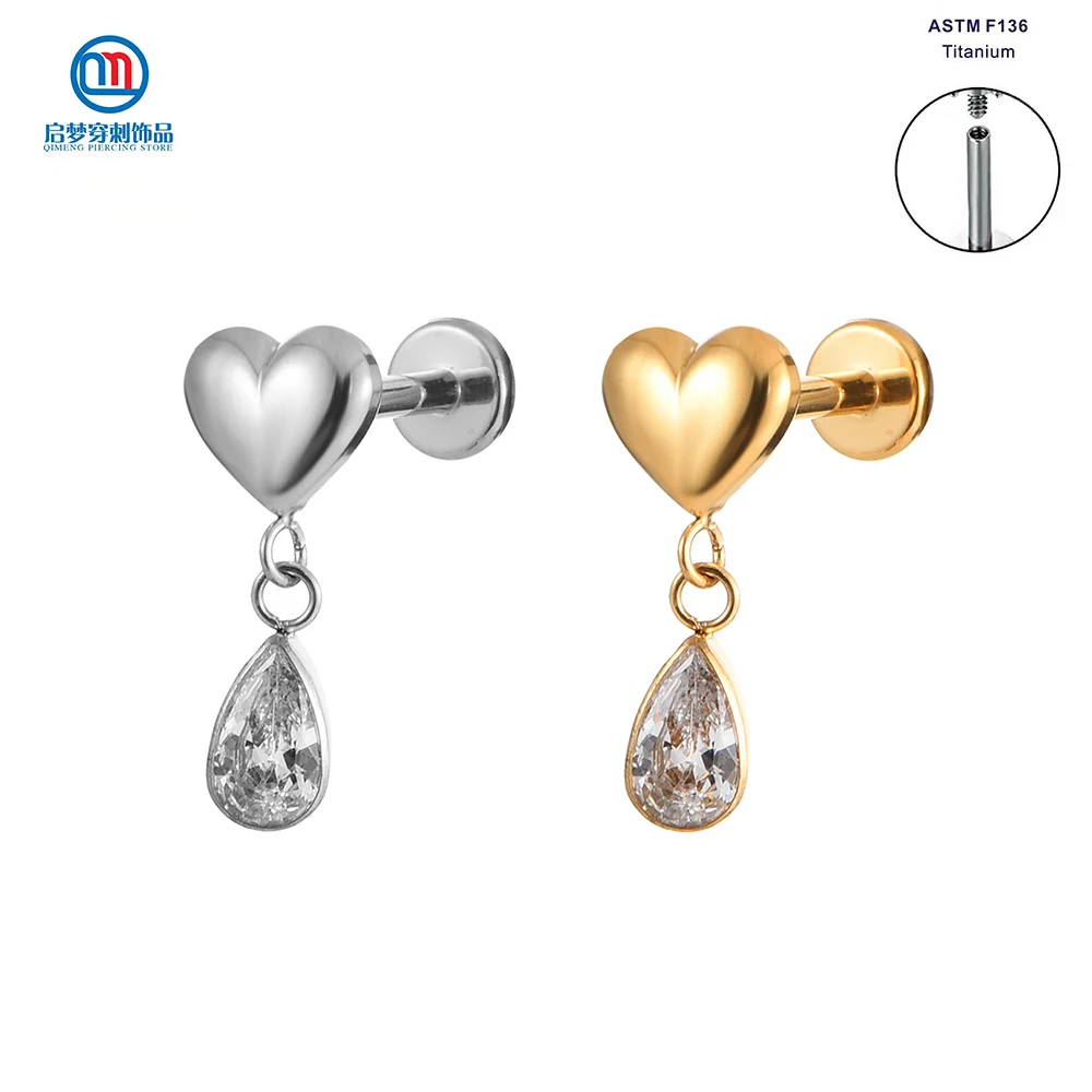 ASTM F136 Titanium Internally Threaded Heart Top with Teardrop Dangle Labret Earring Tragus Flat Body Piercing Jewelry
ASTM F136 Titanium Internally Threaded Heart Top with Teardrop Dangle Labret Earring Tragus Flat Body Piercing Jewelry