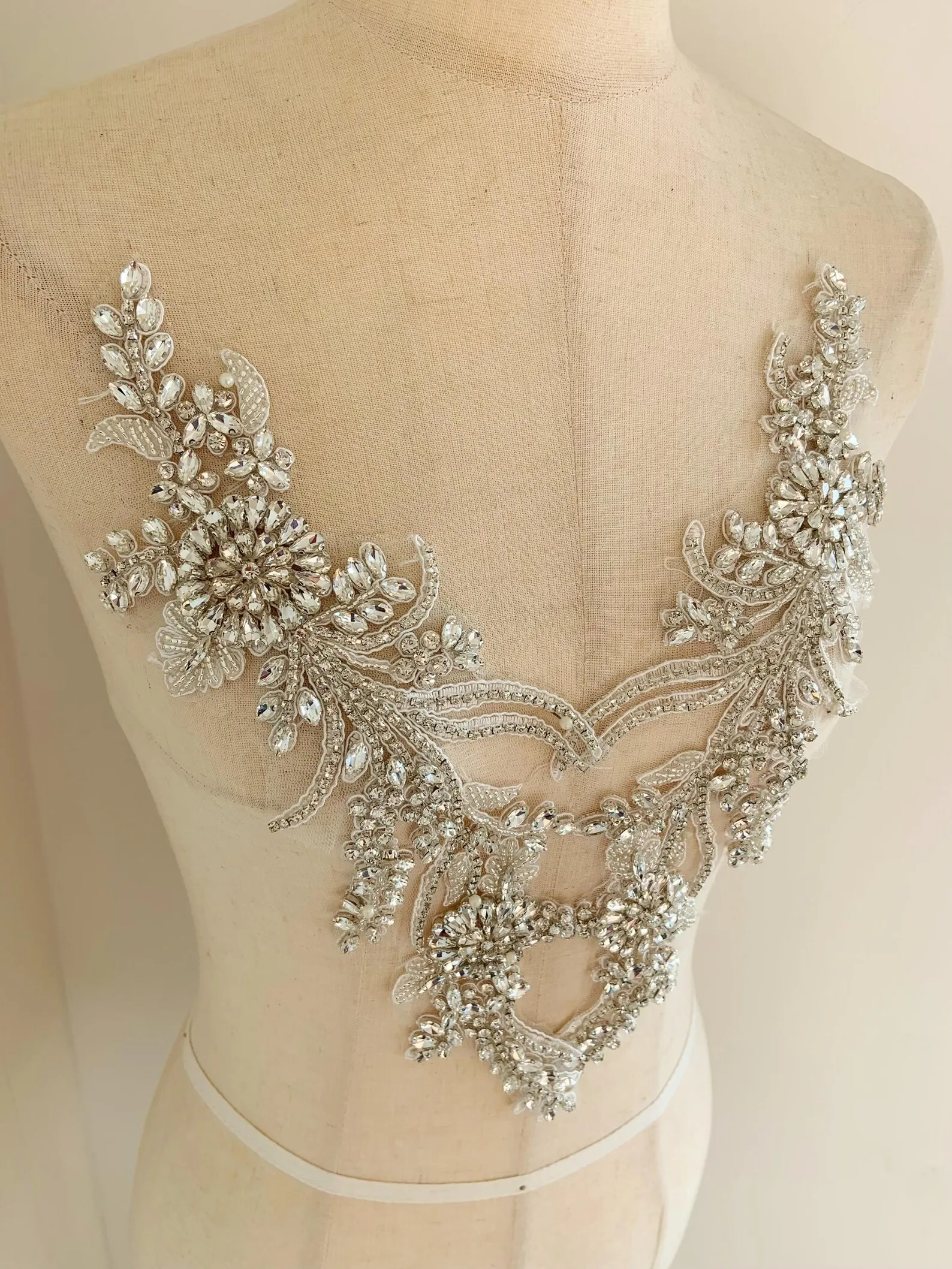 Hand Sewn Silver Rhinestone Appliqué For Costume, Dress, Bead Rhinestone Florals Patch For Couture
Hand Sewn Silver Rhinestone Appliqué For Costume, Dress, Bead Rhinestone Florals Patch For Couture