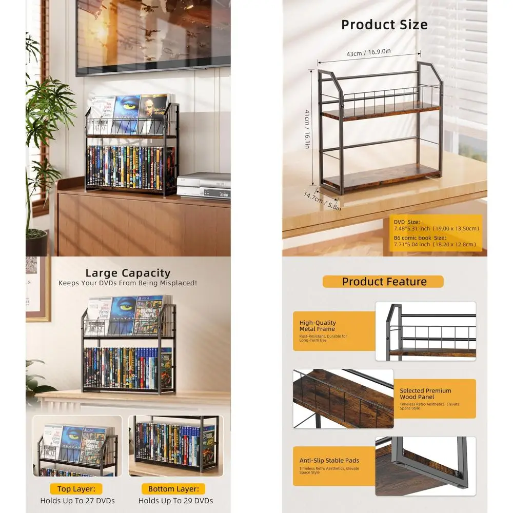 Двухуровневая деревянная полка для DVD-дисков с металлическим каркасом для хранения 56 DVD-дисков, CD-дисков и других носителей
Двухуровневая деревянная полка для DVD-дисков с металлическим каркасом для хранения 56 DVD-дисков, CD-дисков и других носителей