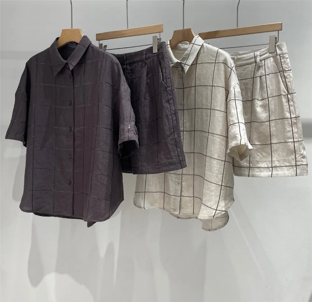 Ladies Summer Sequin Plaid Shorts Suit Linen Short Sleeve Shirt+Casual Shorts Set
Ladies Summer Sequin Plaid Shorts Suit Linen Short Sleeve Shirt+Casual Shorts Set