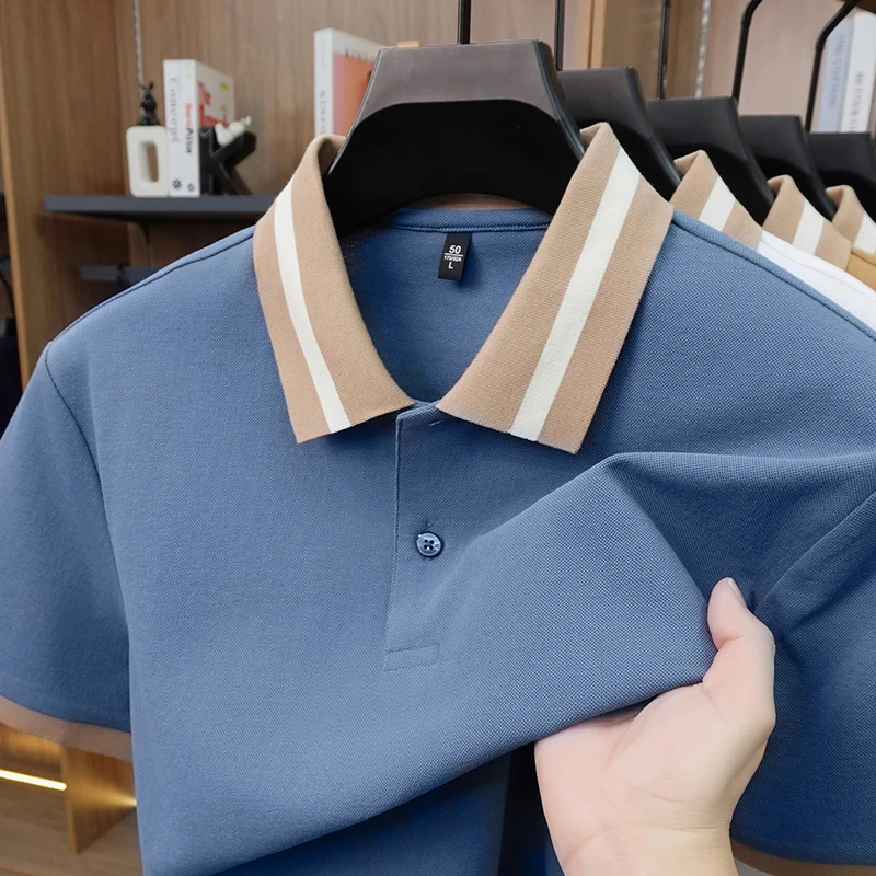 High end silk cotton short sleeve men's polo shirt new summer casual breathable luxurious fashion color blocked lapel T-shirt
High end silk cotton short sleeve men's polo shirt new summer casual breathable luxurious fashion color blocked lapel T-shirt