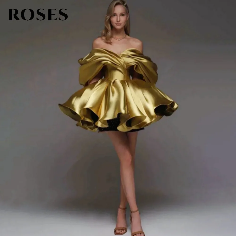 ROSES Golden Puffy Homecoming Dress Off Shoulder Pleats Satin Cocktail Dresses Women's Evening Dress Formal Gown Customized
ROSES Golden Puffy Homecoming Dress Off Shoulder Pleats Satin Cocktail Dresses Women's Evening Dress Formal Gown Customized