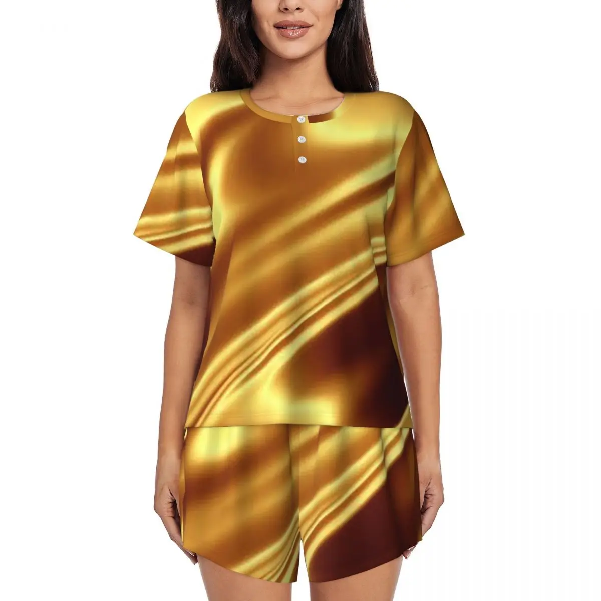 Золотистый тканевый пижамный комплект с геометрическим волнообразным узором, круглым вырезом, короткими рукавами и шортами для сна, мягкий, для женщин
Золотистый тканевый пижамный комплект с геометрическим волнообразным узором, круглым вырезом, короткими рукавами и шортами для сна, мягкий, для женщин