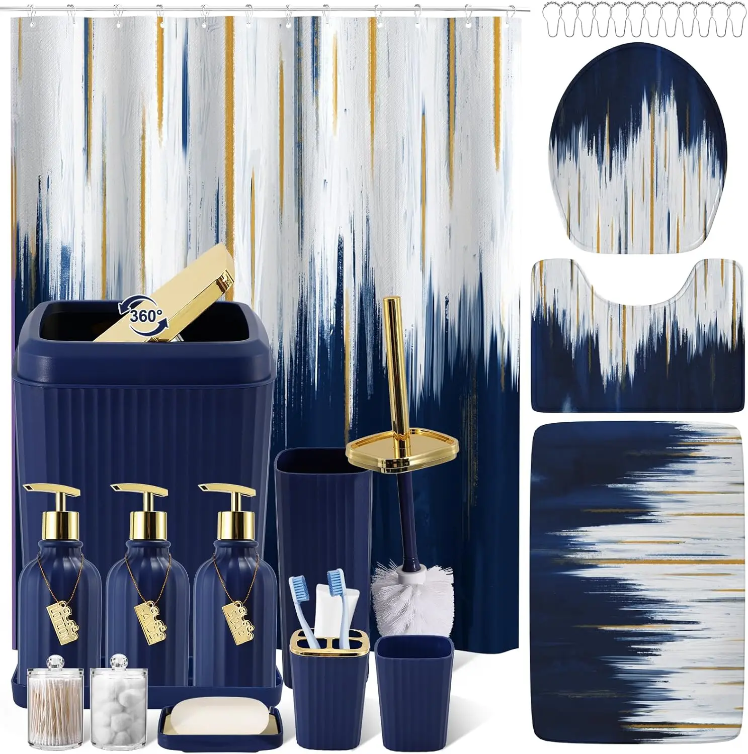 32-Piece Navy Blue Bathroom Set with Non-Slip Rugs, Waterproof Shower Curtain, and Accessories
32-Piece Navy Blue Bathroom Set with Non-Slip Rugs, Waterproof Shower Curtain, and Accessories