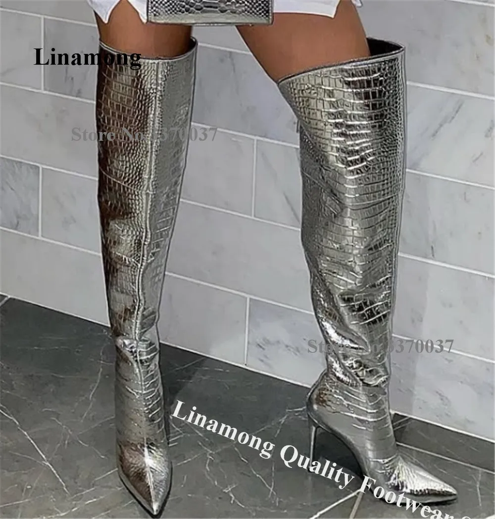 Linamong/пикантные кожаные сапоги выше колена с серебристо-золотым узором на шпильке, длинные сапоги из змеиной кожи с острым носком на тонком каблуке
Linamong/пикантные кожаные сапоги выше колена с серебристо-золотым узором на шпильке, длинные сапоги из змеиной кожи с острым носком на тонком каблуке