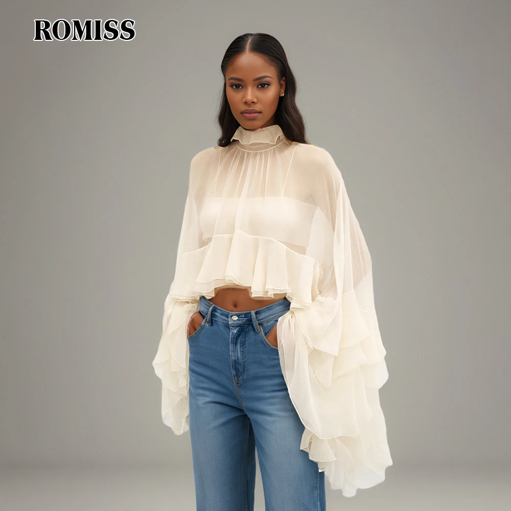 ROMISS Solid Loose Sheer Blouses for Women High Neck Long Sleeves Patchwork Ruffles Folds Elegant Blouse Female Clothing
ROMISS Solid Loose Sheer Blouses for Women High Neck Long Sleeves Patchwork Ruffles Folds Elegant Blouse Female Clothing
