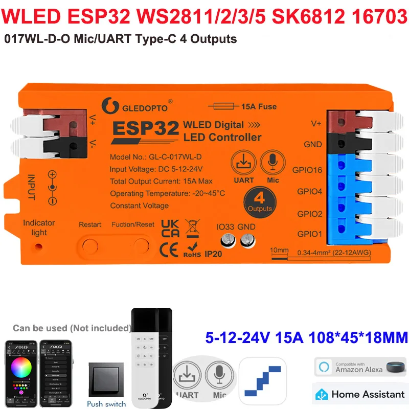 Контроллер GLEDOPTO ESP32 WLED для динамических RGB-лент, IC IO33, простое подключение, управление через приложение, для лент WS2811, WS2812, SK6812, TM1814, WS2813, WS2815
Контроллер GLEDOPTO ESP32 WLED для динамических RGB-лент, IC IO33, простое подключение, управление через приложение, для лент WS2811, WS2812, SK6812, TM1814, WS2813, WS2815