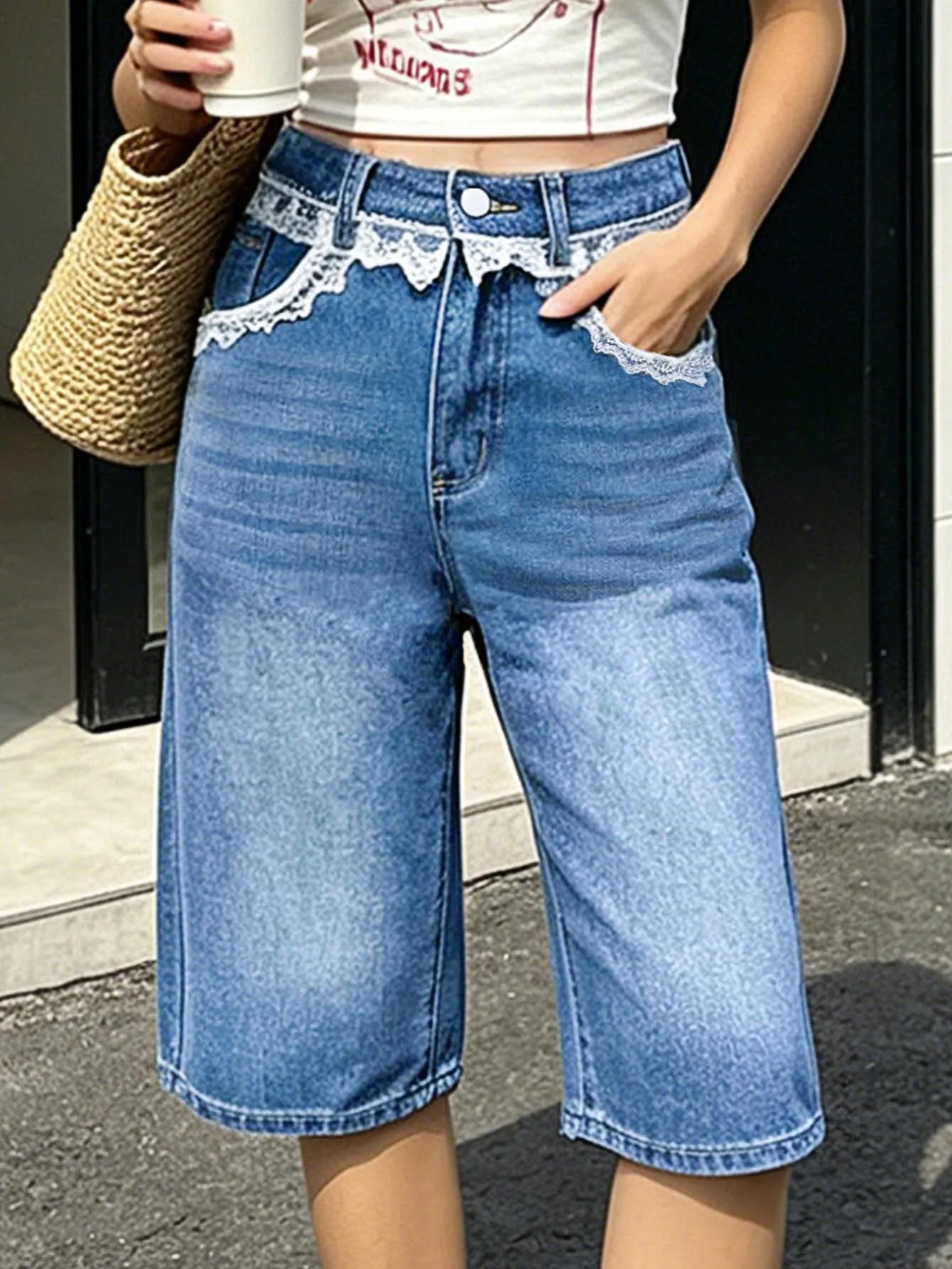 Women's lace high-waisted denim mid-length pants for women, washed loose, light blue, versatile, gentle, girly casual shorts
Women's lace high-waisted denim mid-length pants for women, washed loose, light blue, versatile, gentle, girly casual shorts