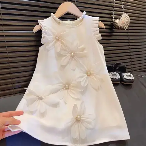 Summer New Girls' Casual Clothes Pleated 3D Flower Sleeveless Princess Dress Korean Version Solid Color Children 2-12 Years Old