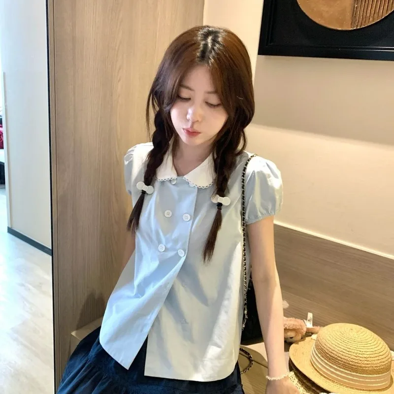 Shirts Women Peter Pan Collar Double Breasted Short Sleeve Vintage Sweet Elegant Blouse Female Casual Tops Chic
Shirts Women Peter Pan Collar Double Breasted Short Sleeve Vintage Sweet Elegant Blouse Female Casual Tops Chic