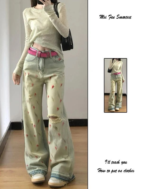 Retro Washed Distressed Denim Jeans Women's Summer Dopaamine Design Loose Wide Leg Straight Long Pants High Waist Zipper Closure
Retro Washed Distressed Denim Jeans Women's Summer Dopaamine Design Loose Wide Leg Straight Long Pants High Waist Zipper Closure