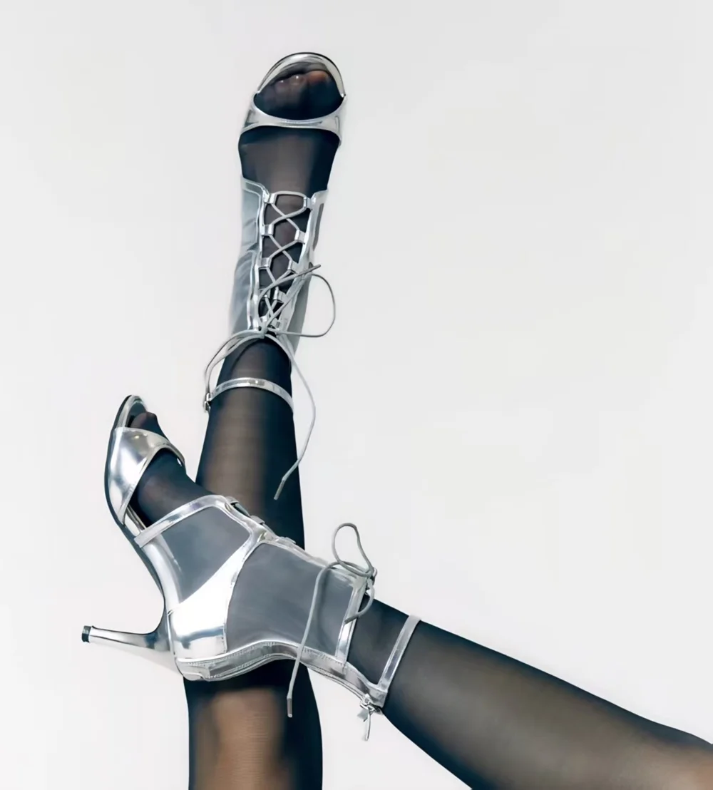 Sexy Silver Metallic Mesh Dance Shoes Cutout Panels Lace-Up Front Detail Peep-Toe Design Stiletto Heel High Heels Sandals
Sexy Silver Metallic Mesh Dance Shoes Cutout Panels Lace-Up Front Detail Peep-Toe Design Stiletto Heel High Heels Sandals