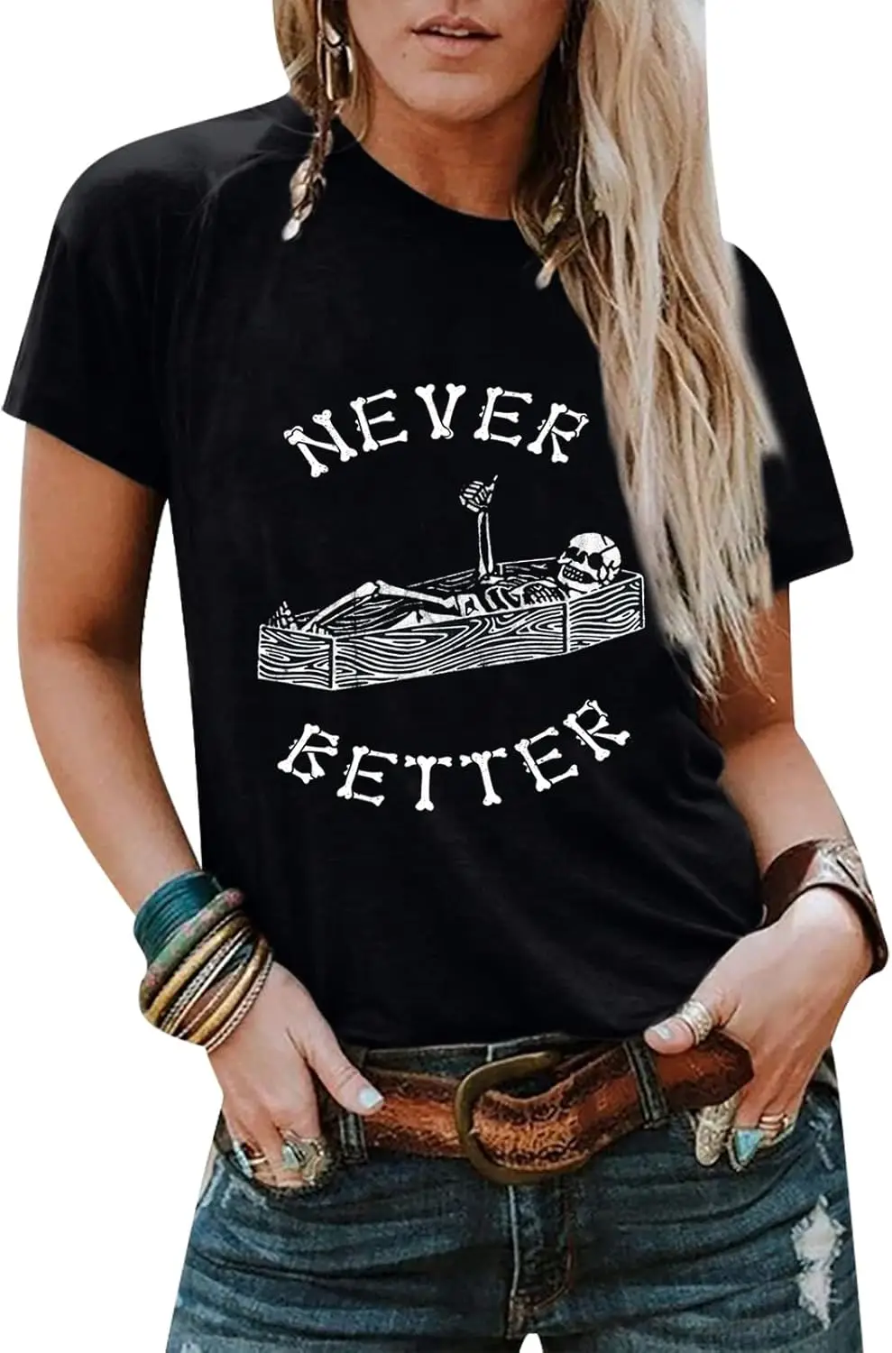 Рубашки на Хэллоуин для женщин, футболка со скелетом Never Better, футболки с короткими рукавами и круглым вырезом, футболки с рисунком ужасов и черепом
Рубашки на Хэллоуин для женщин, футболка со скелетом Never Better, футболки с короткими рукавами и круглым вырезом, футболки с рисунком ужасов и черепом