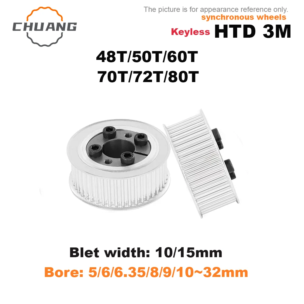 48T/50T/60T/70T/72T/80Teeth HTD 3M Timing Pulley Keyless Bushing Bore 5/6/6.35/8/9/10~32mm for Belt Width 10/15mm
48T/50T/60T/70T/72T/80Teeth HTD 3M Timing Pulley Keyless Bushing Bore 5/6/6.35/8/9/10~32mm for Belt Width 10/15mm
