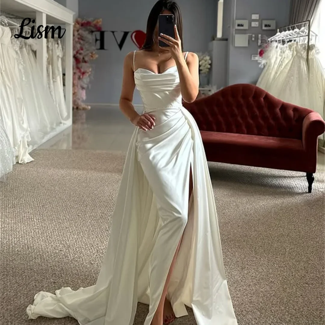 Lism Sexy Spaghetti Straps Pleat V-neck Satin Mermaid Wedding Dresses Side Slit With Detachable Train Custom Made Rode De Morrie
Lism Sexy Spaghetti Straps Pleat V-neck Satin Mermaid Wedding Dresses Side Slit With Detachable Train Custom Made Rode De Morrie