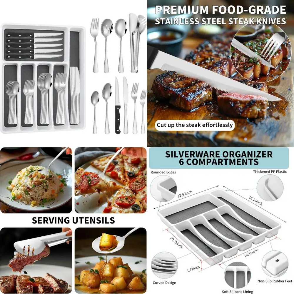 53pcs silverware set for 8 with flatware drawer organizer, stainless steel cutlery set with steak knives, include spoons and for
53pcs silverware set for 8 with flatware drawer organizer, stainless steel cutlery set with steak knives, include spoons and for