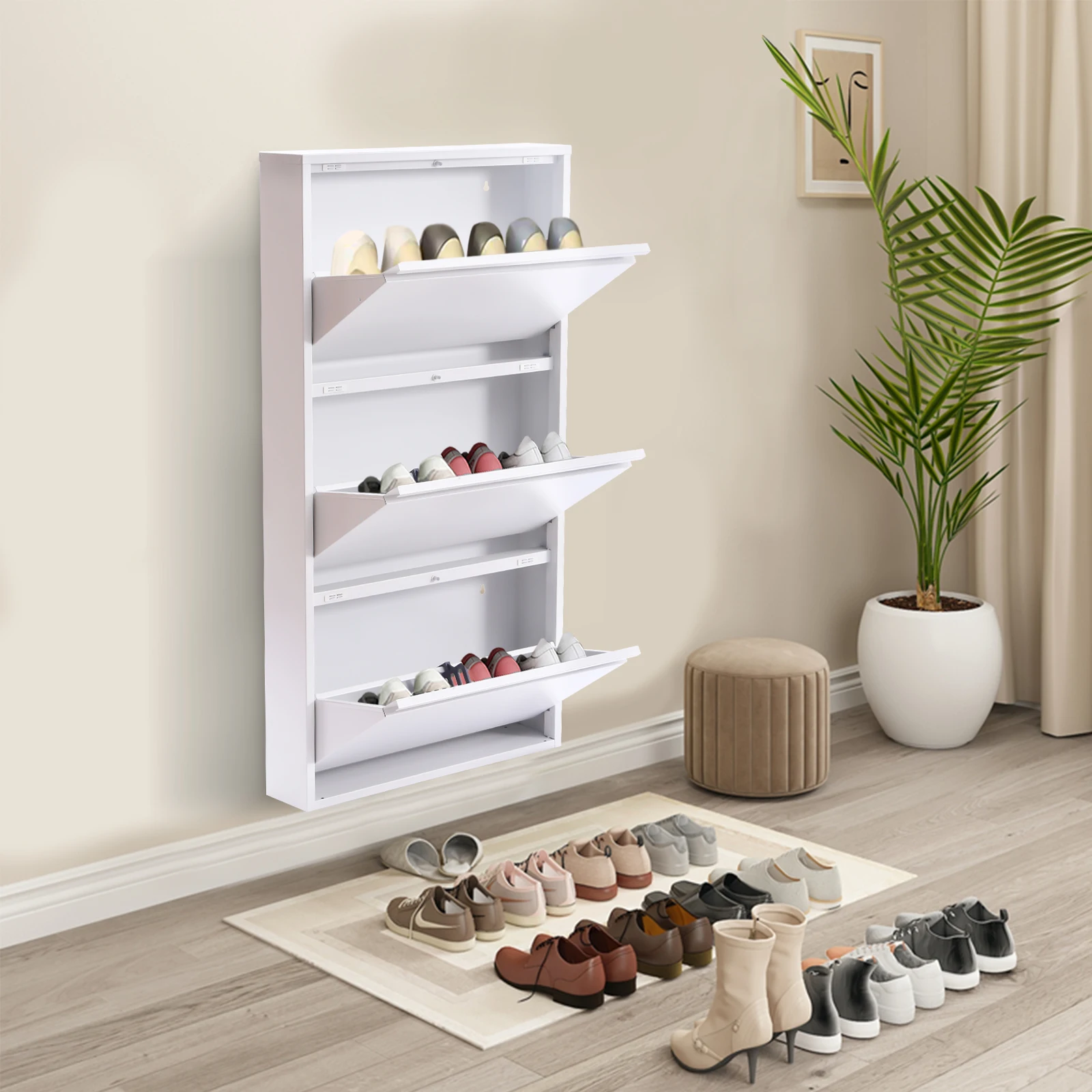White 3 Drawer Shoe Storage Cabinet - Wall Mounted & No-Assembly Metal Shoe Cabinet for Entryway
White 3 Drawer Shoe Storage Cabinet - Wall Mounted & No-Assembly Metal Shoe Cabinet for Entryway