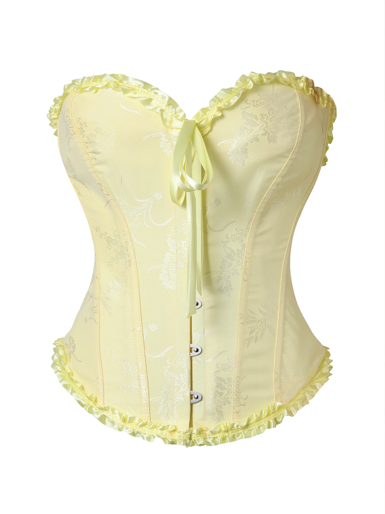 Light yellow French style jacquard gathered bodice with ruffled edges for shaping Corset
Light yellow French style jacquard gathered bodice with ruffled edges for shaping Corset