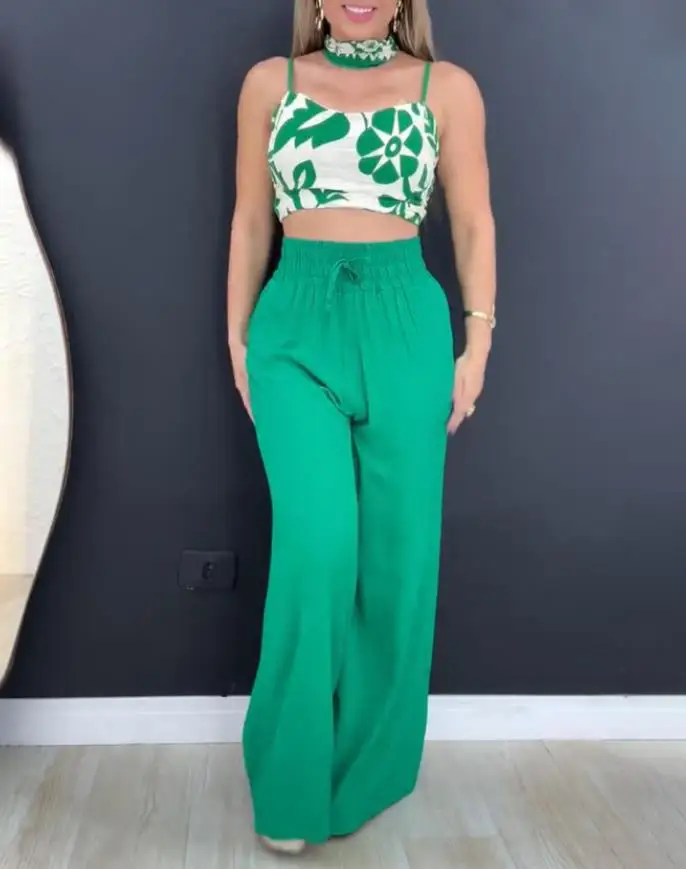 2-piece printed cold shoulder spaghetti strap shirt vest and high waisted drawstring pants set for summer new women's clothing
2-piece printed cold shoulder spaghetti strap shirt vest and high waisted drawstring pants set for summer new women's clothing