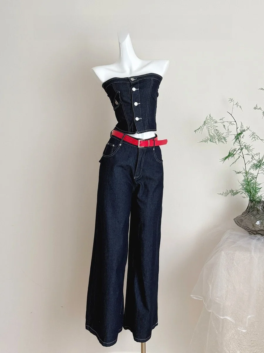 Blue Hot Girl Denim Style Tube Top Wide Leg Pants Two Piece Set Women Summer Casual Outfit with Belt Vest And Pants Set
Blue Hot Girl Denim Style Tube Top Wide Leg Pants Two Piece Set Women Summer Casual Outfit with Belt Vest And Pants Set