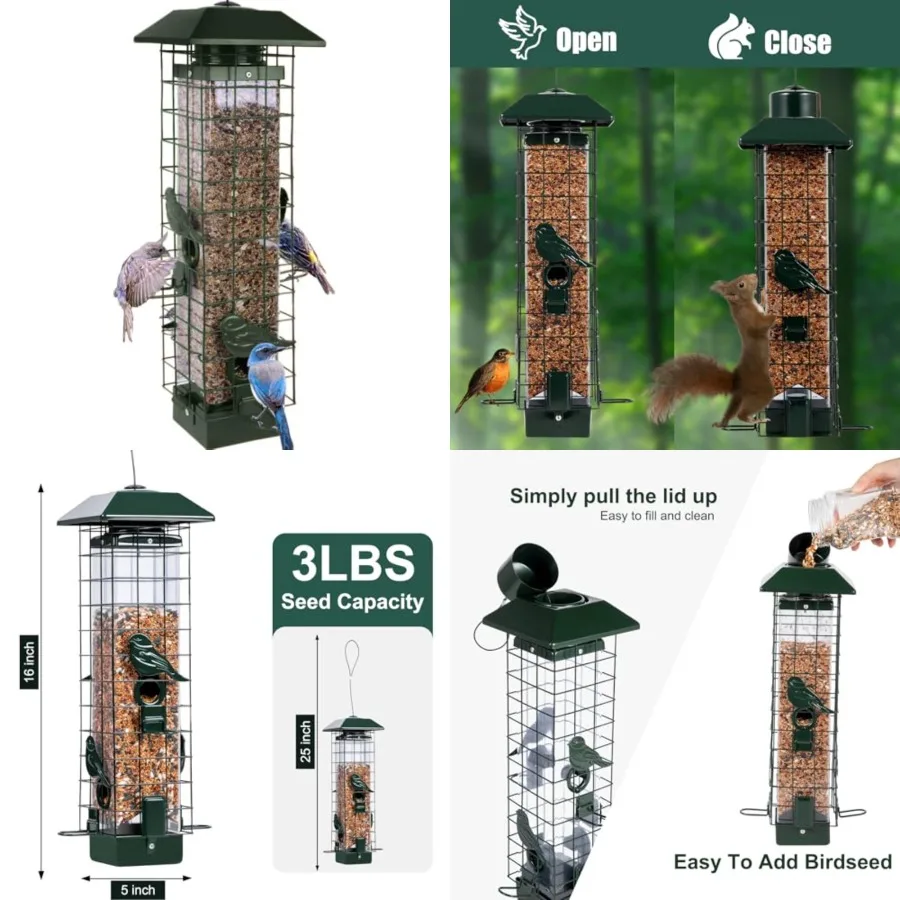 Squirrel Proof Bird Feeders for Outdoors, Metal Wild Bird Feeder for Outside Hanging, 4 Ports Perches, 3LB Large Capacity
Squirrel Proof Bird Feeders for Outdoors, Metal Wild Bird Feeder for Outside Hanging, 4 Ports Perches, 3LB Large Capacity