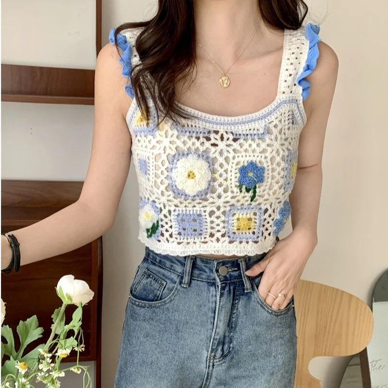 Ретро-топ с цветочной вышивкой и ажурной вязкой, женская летняя верхняя одежда, дизайнерский жилет на бретелях, короткий трикотажный топ
Ретро-топ с цветочной вышивкой и ажурной вязкой, женская летняя верхняя одежда, дизайнерский жилет на бретелях, короткий трикотажный топ