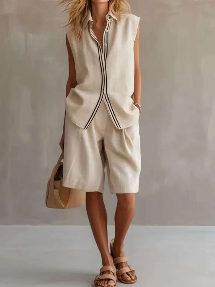 Fashion Color Blocked Women's Two-piece Set Summer Lapel Sleeveless Loose Linen Shirt Half Pants Ladies Casual Office Outfit
Fashion Color Blocked Women's Two-piece Set Summer Lapel Sleeveless Loose Linen Shirt Half Pants Ladies Casual Office Outfit