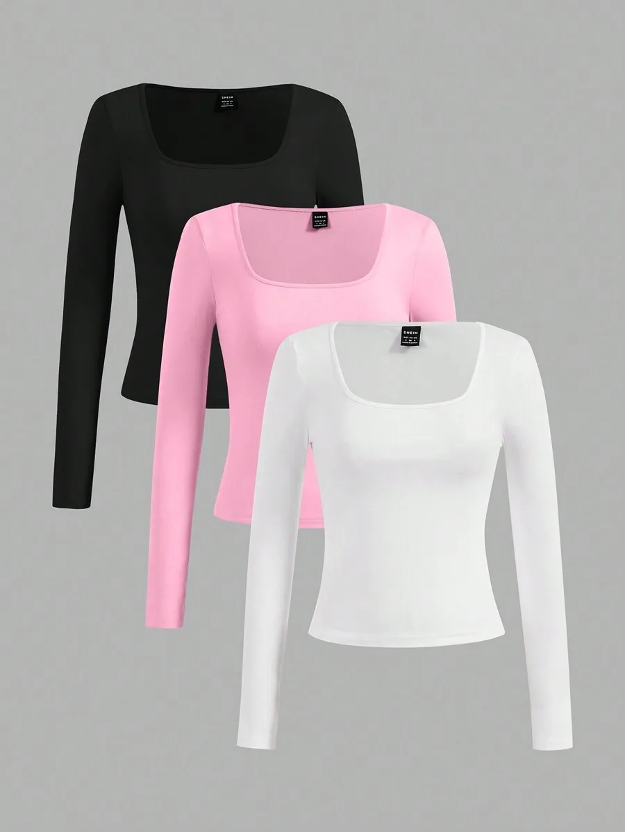 Комплект из 3 женских облегающих топов с длинными рукавами и квадратным вырезом — черный, розовый, белый
Комплект из 3 женских облегающих топов с длинными рукавами и квадратным вырезом — черный, розовый, белый