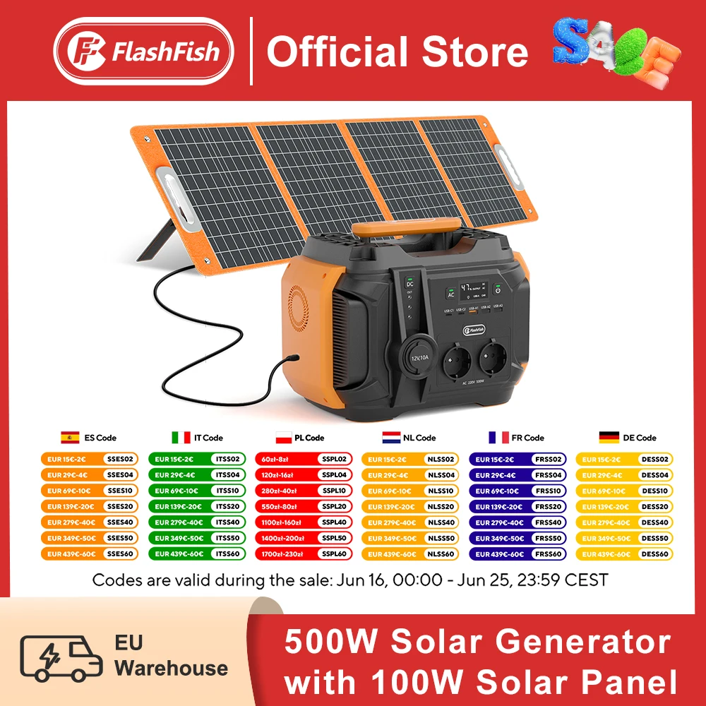 FF Flashfish A501 Portable Power Station 540Wh Lithium Batteries 500W Solar Generator 100W Solar Panel Complete Kit System Set
FF Flashfish A501 Portable Power Station 540Wh Lithium Batteries 500W Solar Generator 100W Solar Panel Complete Kit System Set