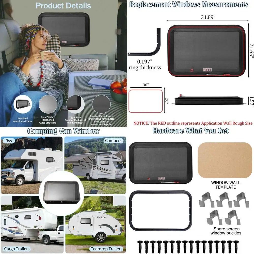 30"x20" RV Ency Exit Window - DOT-Certiied Tempered Glass, Security Lock, Waterproo e w/Mesh Sn (its 1.57"-1.77" Walls, Complete
30"x20" RV Ency Exit Window - DOT-Certiied Tempered Glass, Security Lock, Waterproo e w/Mesh Sn (its 1.57"-1.77" Walls, Complete