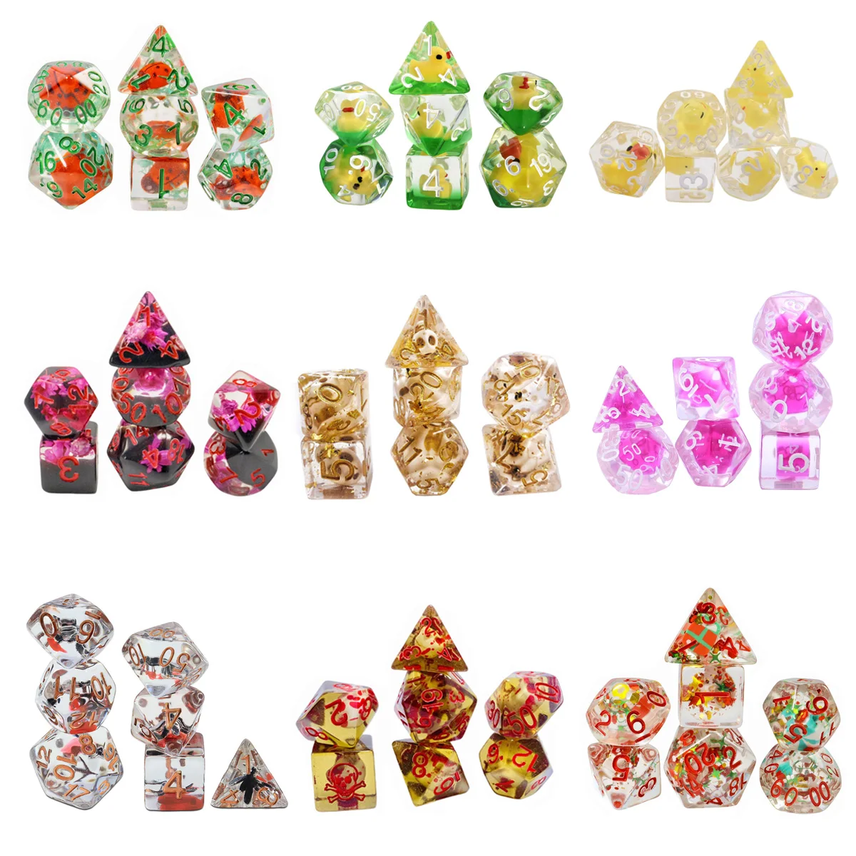Новые 7-компонентные акриловые многогранные кубики, набор барных игрушек, заполненные утками, череп, гриб D6 D8 D10 D12 D20, роль кубиков для TRPG
Новые 7-компонентные акриловые многогранные кубики, набор барных игрушек, заполненные утками, череп, гриб D6 D8 D10 D12 D20, роль кубиков для TRPG