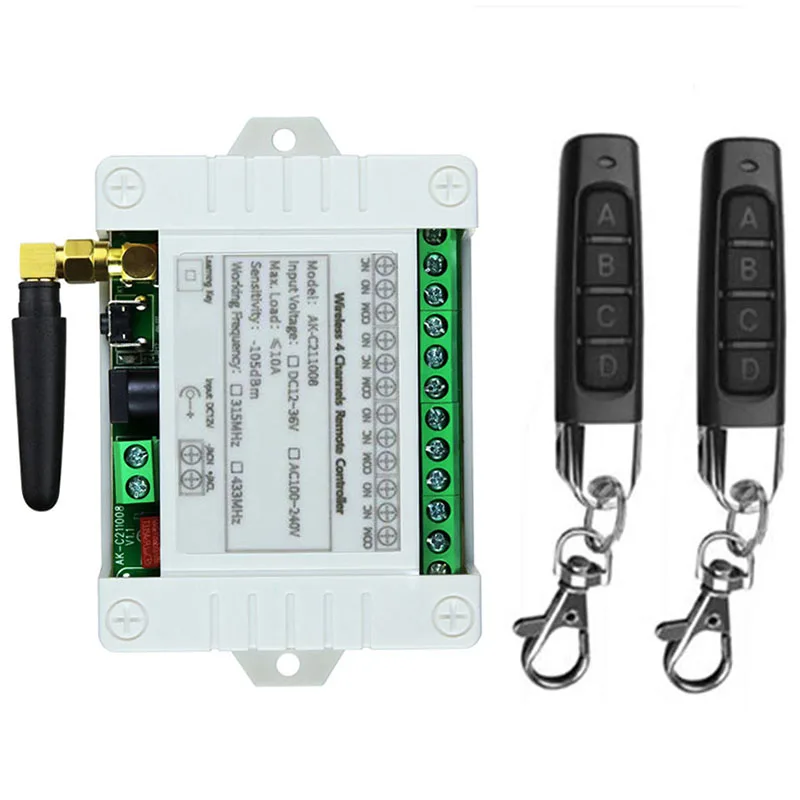 433MHz AC 110V 220V 4CH 4 CH 4 Channel 10A Relay RF Wireless Remote Control Switch System 433 MHz Transmitter And Receiver
433MHz AC 110V 220V 4CH 4 CH 4 Channel 10A Relay RF Wireless Remote Control Switch System 433 MHz Transmitter And Receiver