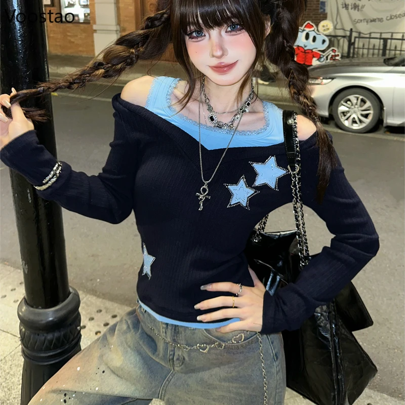 Gothic Y2k Aesthetics T-Shirt Women Casual Fake Two Pieces Star Embroidery Long Sleeve Tops E-girl Fairycore Grunge Punk Tees
Gothic Y2k Aesthetics T-Shirt Women Casual Fake Two Pieces Star Embroidery Long Sleeve Tops E-girl Fairycore Grunge Punk Tees