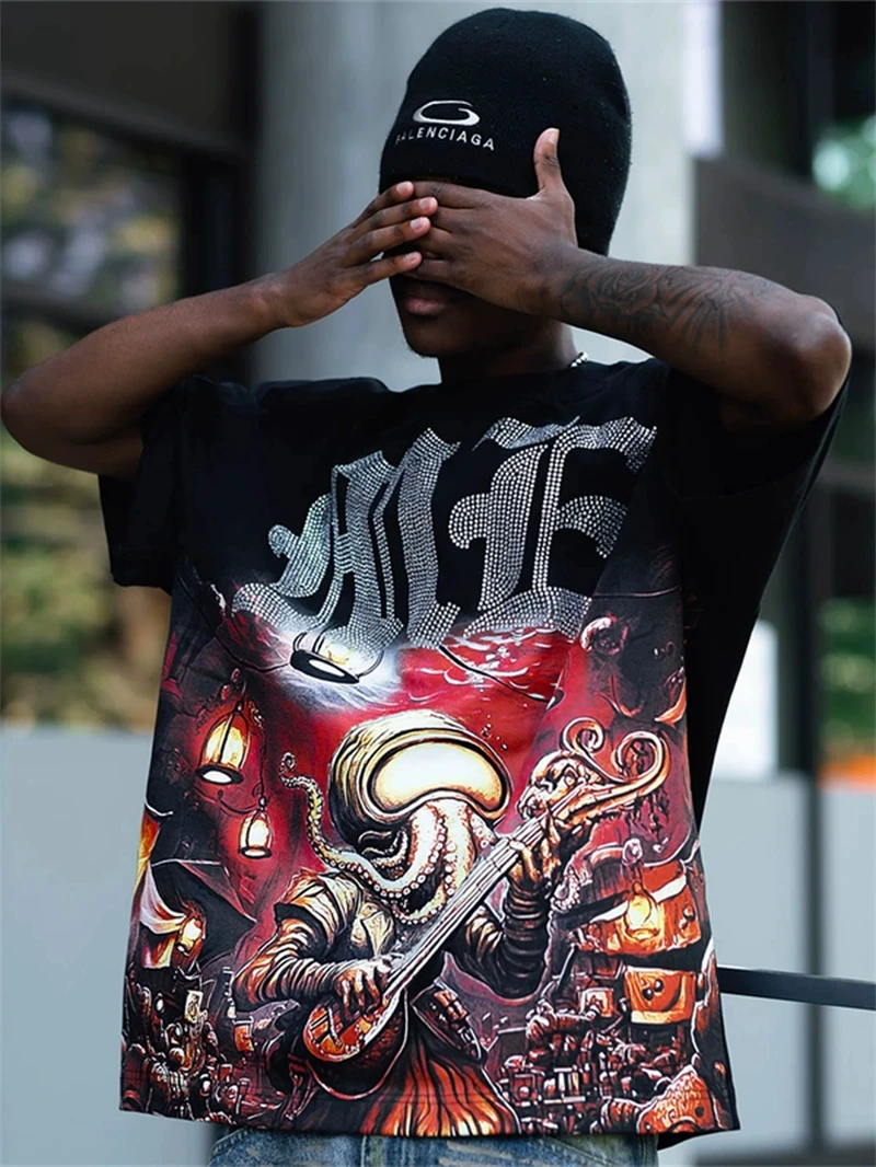 New Summer MIXED EMOTION Rhinestone Short Sleeve Mens Tshirts Streetwear Cotton Loose O-Neck Top Tees Oversized Unisex Tshirt
New Summer MIXED EMOTION Rhinestone Short Sleeve Mens Tshirts Streetwear Cotton Loose O-Neck Top Tees Oversized Unisex Tshirt