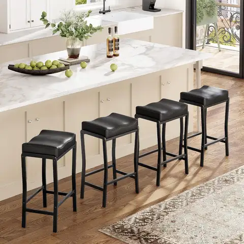Counter Height Bar Stools Set Of 1/2/4, 26.2 Inch Faux Leather Saddle Barstools With Padded Seat, Metal Footrest For Kitchen Island