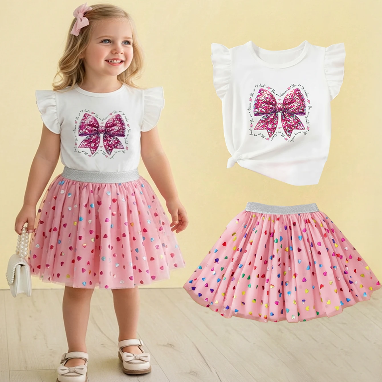 Summer Girls Clothes Set Flutter Sleeve Bow T-shirt & Heart Print Tutu Skirt 2PCS Kids Boutique Party Outfits for Toddlers 1-6 Y
Summer Girls Clothes Set Flutter Sleeve Bow T-shirt & Heart Print Tutu Skirt 2PCS Kids Boutique Party Outfits for Toddlers 1-6 Y