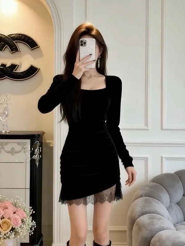 Hebe Sle Bla Lace Trimmed Square Collar Dr Women's Autumn Winter Slimming Waist Cinched Bodycon Skirt Sexy Long Sve
Hebe Sle Bla Lace Trimmed Square Collar Dr Women's Autumn Winter Slimming Waist Cinched Bodycon Skirt Sexy Long Sve