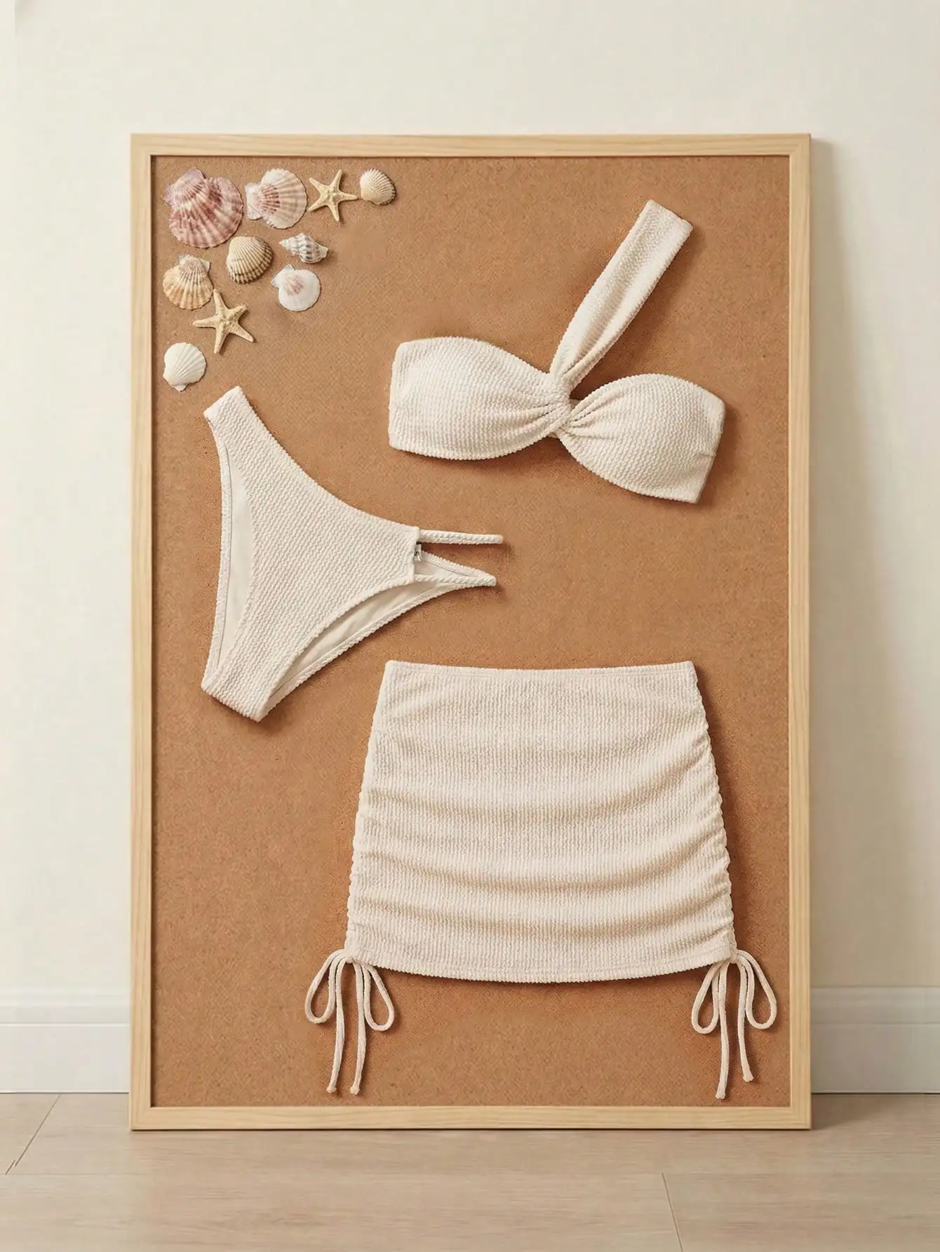 Cream Knit 3-Piece Swimsuit Set: Off-Shoulder Top, Thong Bottom & Ruched Drawstring Skirt Cover-Up For Beach, Pool, Resort
Cream Knit 3-Piece Swimsuit Set: Off-Shoulder Top, Thong Bottom & Ruched Drawstring Skirt Cover-Up For Beach, Pool, Resort