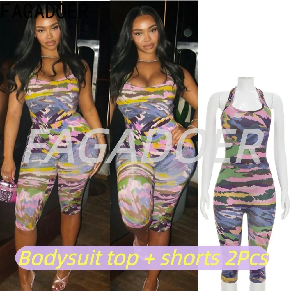 FAGADOER Fashion Colorful Print Rompers Two Piece Sets Hot Girl Off-shoulder Bodysuits and Bodycon Shorts Outfits Streetwear New
FAGADOER Fashion Colorful Print Rompers Two Piece Sets Hot Girl Off-shoulder Bodysuits and Bodycon Shorts Outfits Streetwear New
