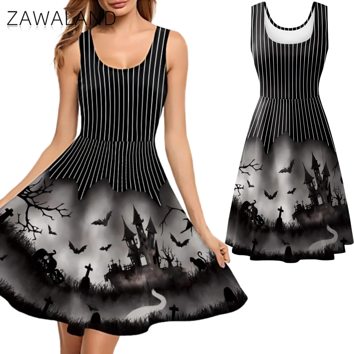 Castle Bats Pattern Cosplay Dresses Woman Black Strips Sleeveless Dress Halloween Stage Performance Costume Adult Party Sundress
Castle Bats Pattern Cosplay Dresses Woman Black Strips Sleeveless Dress Halloween Stage Performance Costume Adult Party Sundress