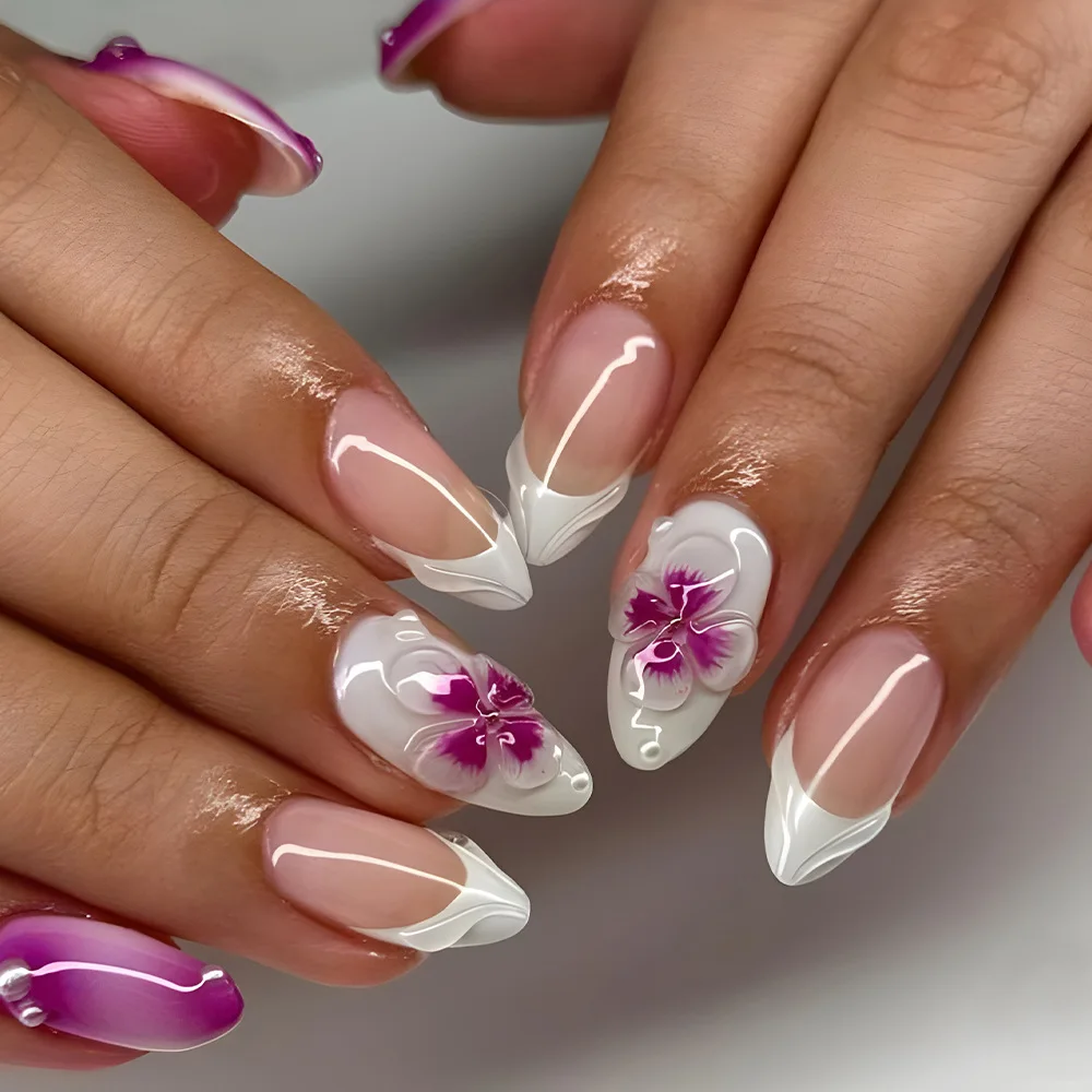 24pcs Long Almond Fake Nails Press On Acyrlic Nails Wearable White French False Nails with 3D Purple Crystal Flower Decoration
24pcs Long Almond Fake Nails Press On Acyrlic Nails Wearable White French False Nails with 3D Purple Crystal Flower Decoration