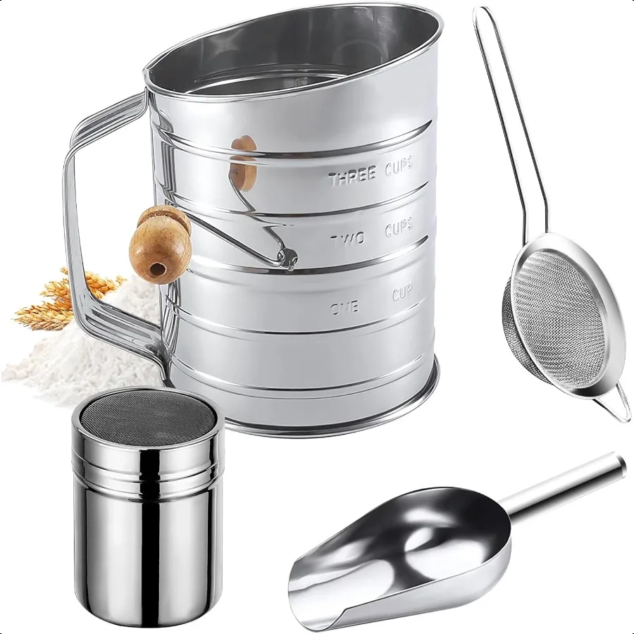 Flour Sifter3 Cup with Scale Stainless Steel Flour Sifters 4 in 1 Baking Sifter Set with Powder Sugar Shaker Duster Strainers F
Flour Sifter3 Cup with Scale Stainless Steel Flour Sifters 4 in 1 Baking Sifter Set with Powder Sugar Shaker Duster Strainers F