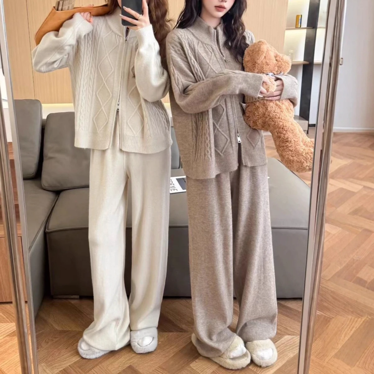 Two Pieces Women Knitted Pants Sets Solid Set Double Zip Cable Knit O Neck Cardigan Full Lenth Wide Leg Pant Casual 2025 Autumn 
Two Pieces Women Knitted Pants Sets Solid Set Double Zip Cable Knit O Neck Cardigan Full Lenth Wide Leg Pant Casual 2025 Autumn