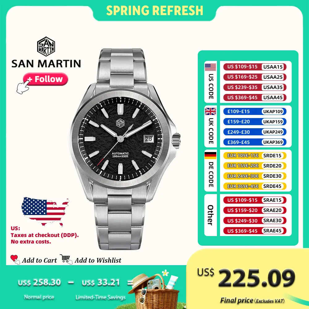 San Martin 39mm Luxury Sport Watch Enamel Dial NH35 Automatic Mechanical for Men Steel Watches Waterproof 10Bar Luminous SN0129
San Martin 39mm Luxury Sport Watch Enamel Dial NH35 Automatic Mechanical for Men Steel Watches Waterproof 10Bar Luminous SN0129