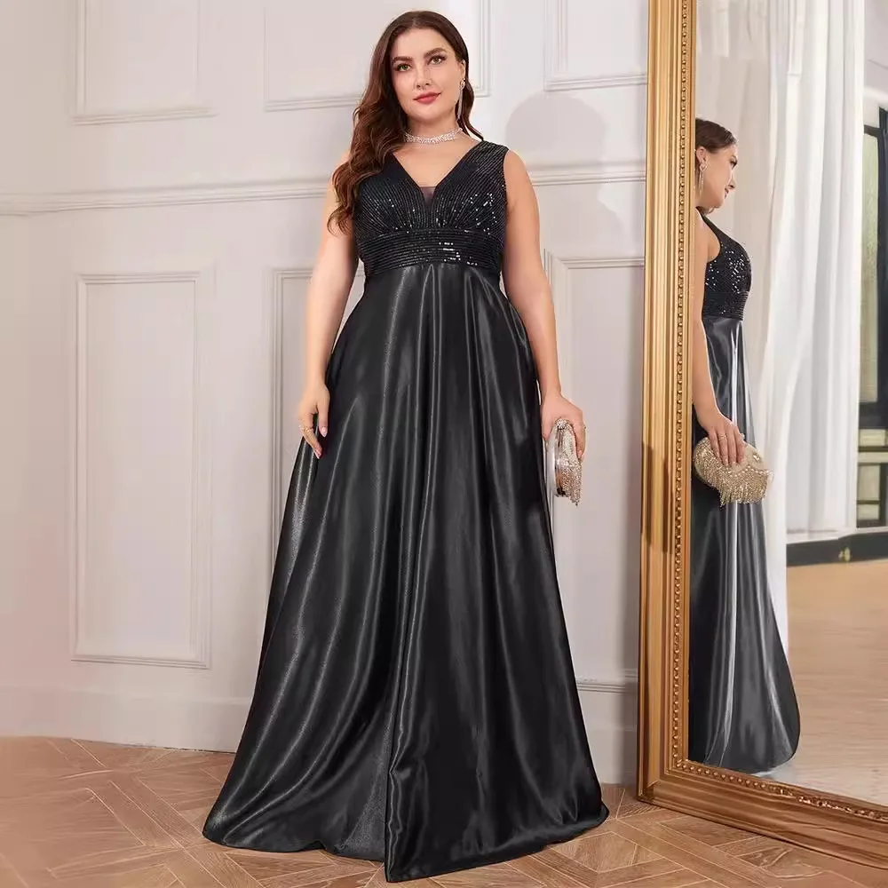 Plus Size Black V Neck Sleeveless All Over Sequin Empire Waist Gloss Satin A Line Maxi Dress Mother of Bride Evening Gown
Plus Size Black V Neck Sleeveless All Over Sequin Empire Waist Gloss Satin A Line Maxi Dress Mother of Bride Evening Gown