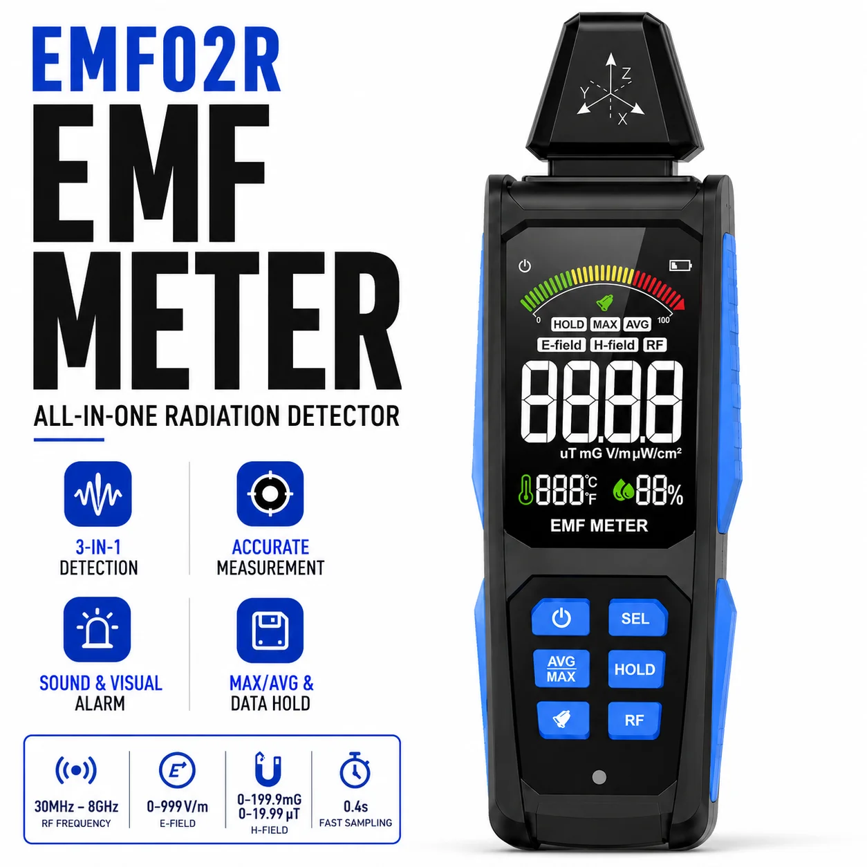 5-in‑1 EMF Detector, Electromagnetic Field Radiation Detector for EF, RF, MF, WiFi,5G Signal, Temperature/Humidity Measurement