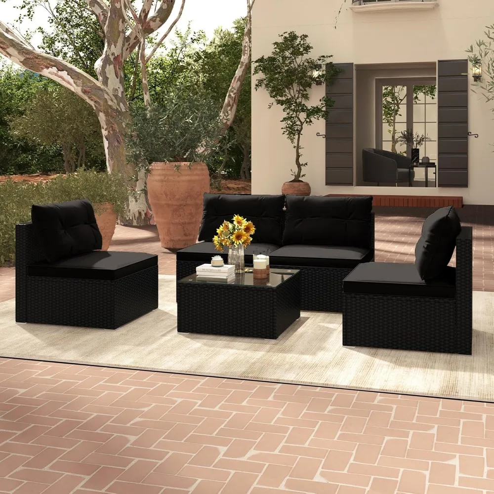 5-Piece Outdoor Patio Furniture Set, Rattan Sectional Sofa Set w/Glass-Top Coffee Table, Soft Seat & Back Cushions
5-Piece Outdoor Patio Furniture Set, Rattan Sectional Sofa Set w/Glass-Top Coffee Table, Soft Seat & Back Cushions