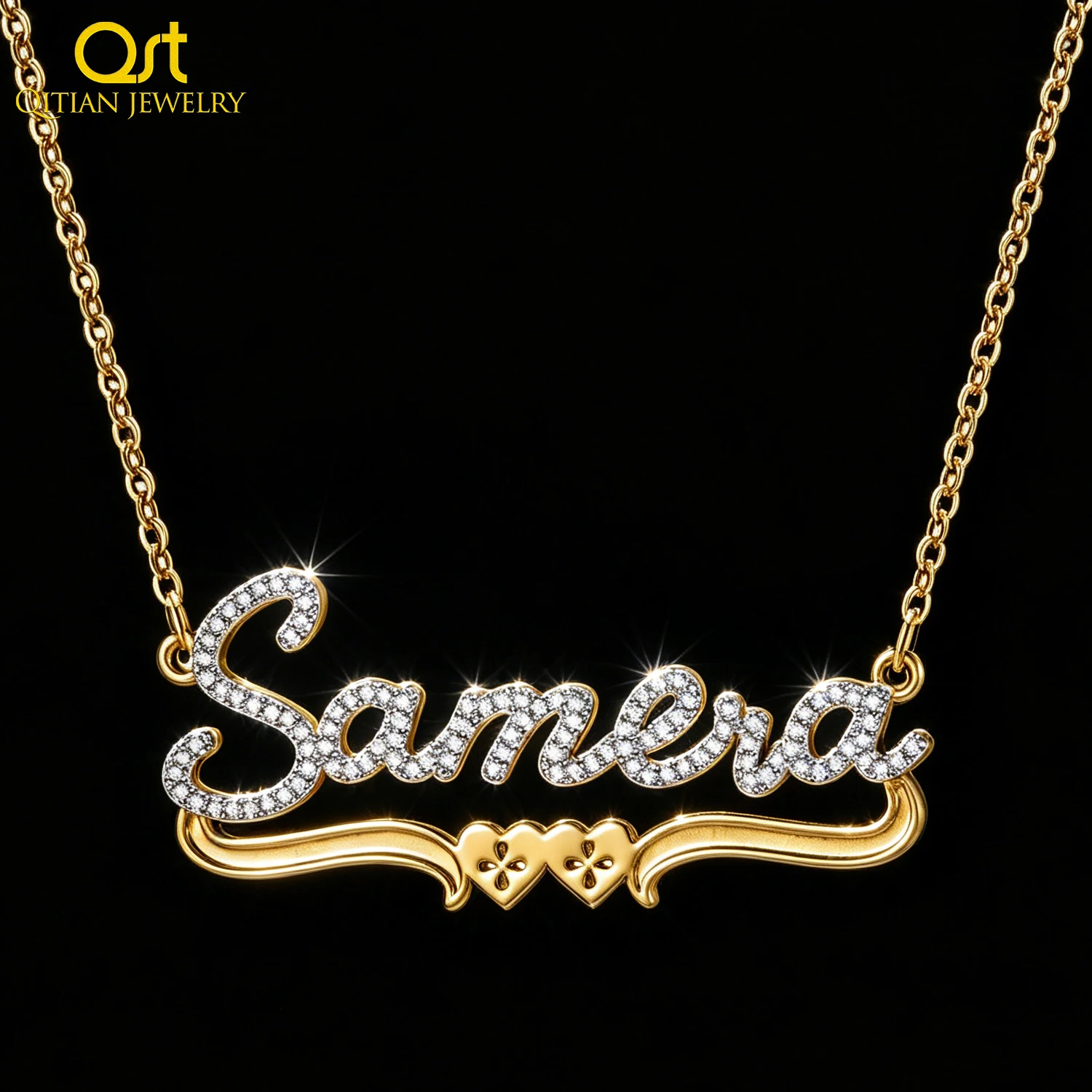 Qitian Personalized Moissanite Name Necklace 925 Sterling Silver 18K Gold Plated Custom Name Pendant Double Heart Design Jewelry
Qitian Personalized Moissanite Name Necklace 925 Sterling Silver 18K Gold Plated Custom Name Pendant Double Heart Design Jewelry